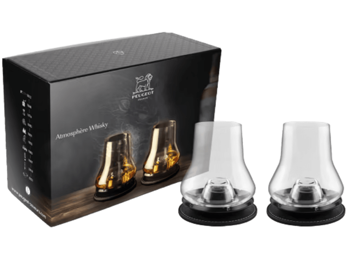 Peugeot Atmosphère Whisky Gavesett med 2 whiskyglass og 2 matte svarte kjølebaser